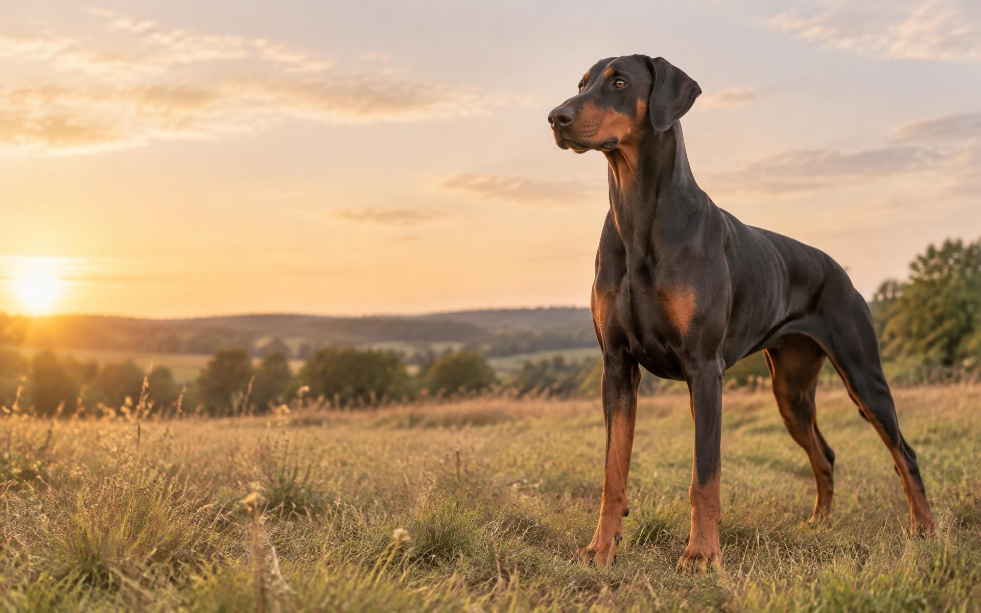European-line Doberman Pinscher standing calmly in a meadow at sunset